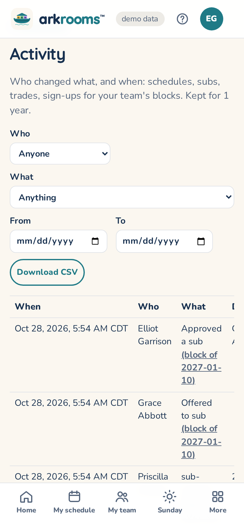 Activity: who changed what and when, with filters and a CSV