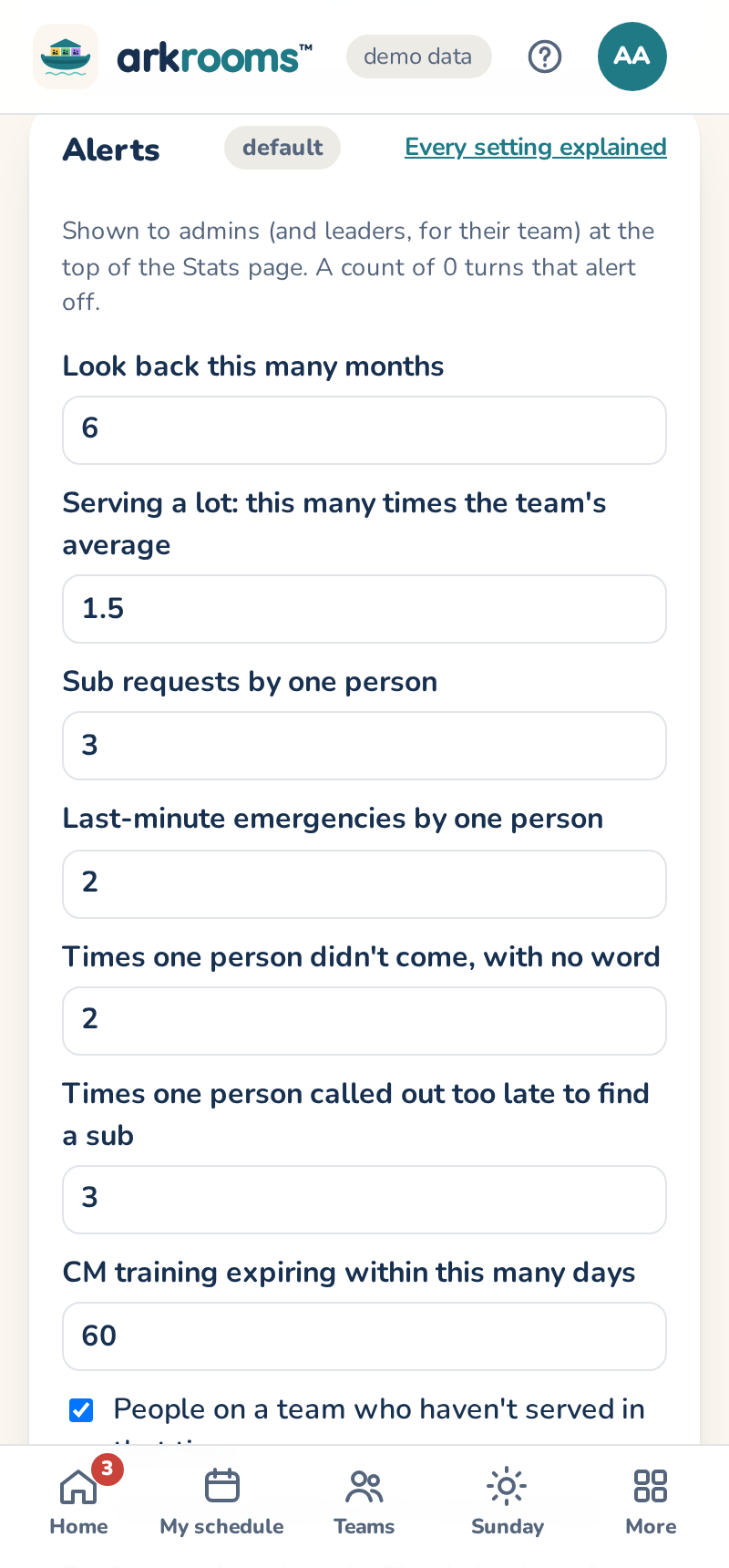 Settings, Alerts: when to mark a child not picked up yet