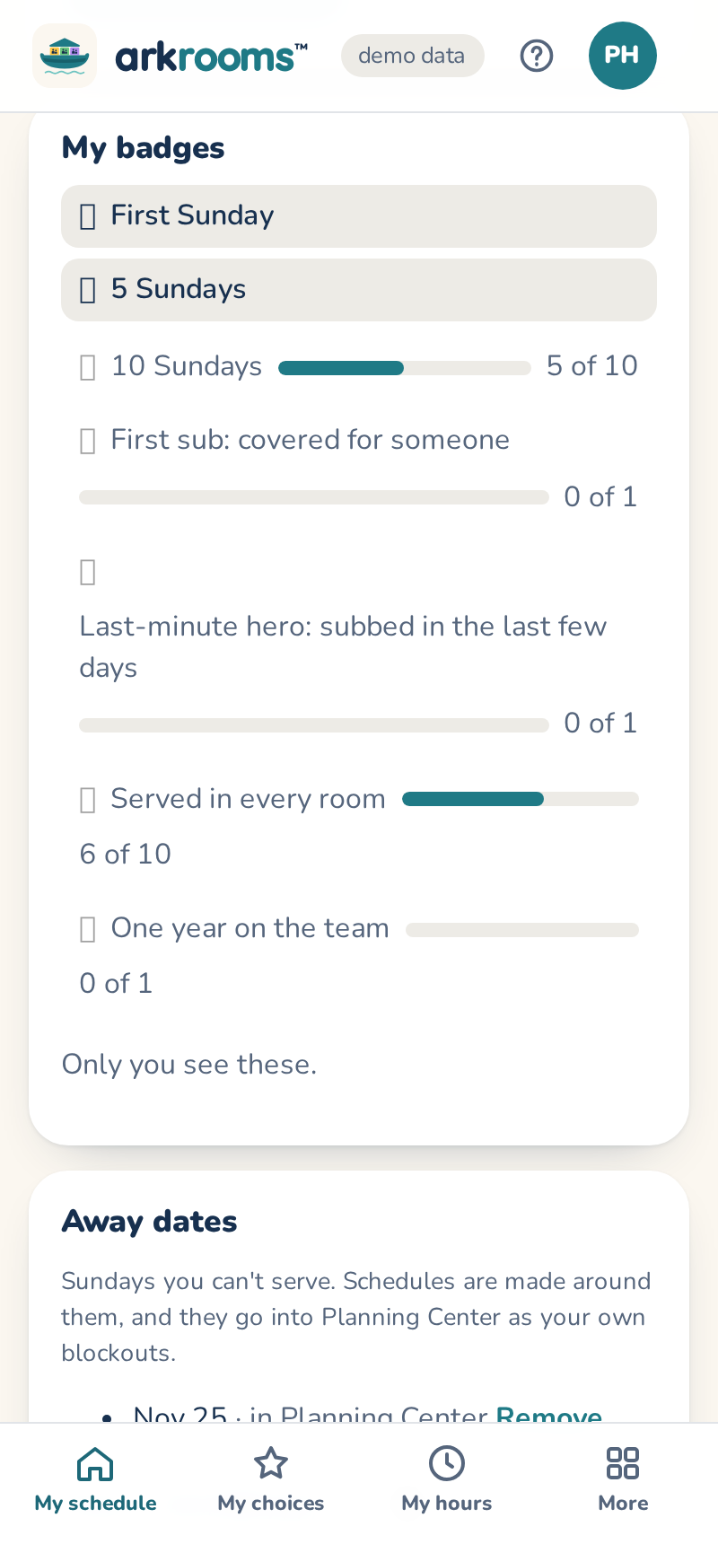 Away dates on My schedule: a Sunday marked away, in Planning Center too