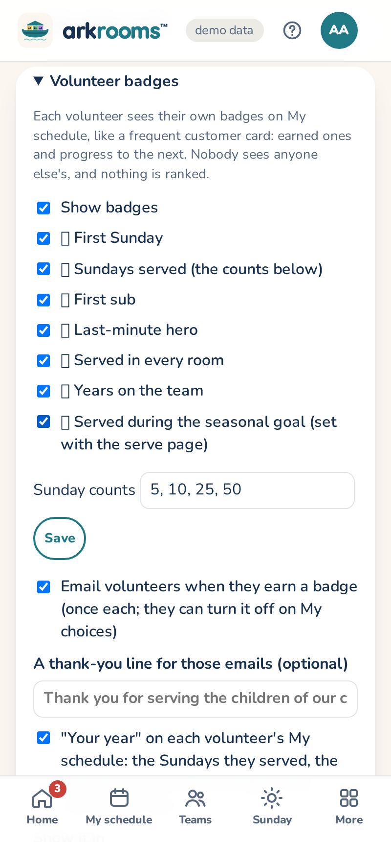 Settings, Volunteer badges: which badges, and the thank-you line