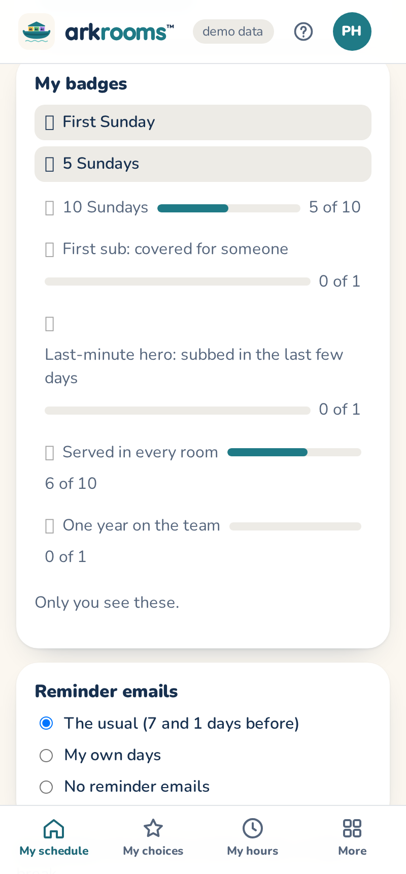 My badges: earned badges and a progress bar to the next of each