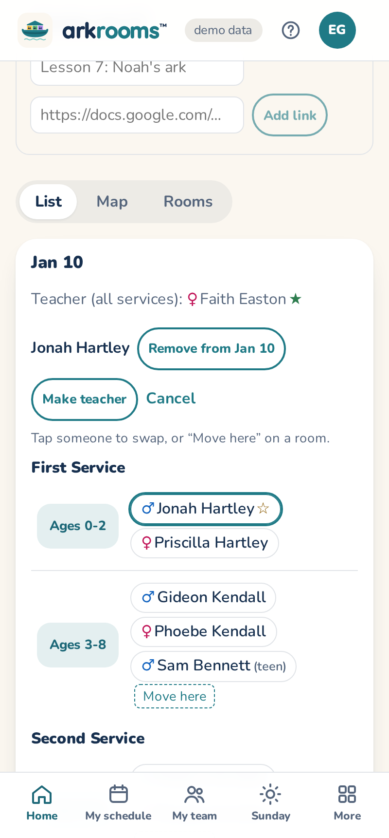 A selected person with Remove, Make teacher and Cancel