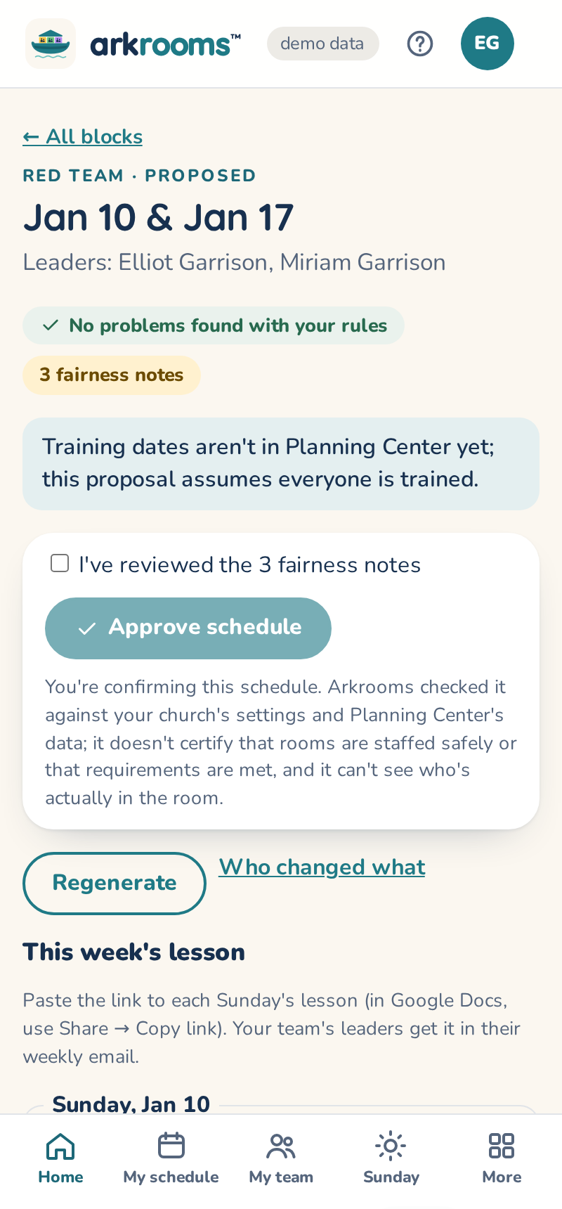 A block's proposed schedule with the Approve button