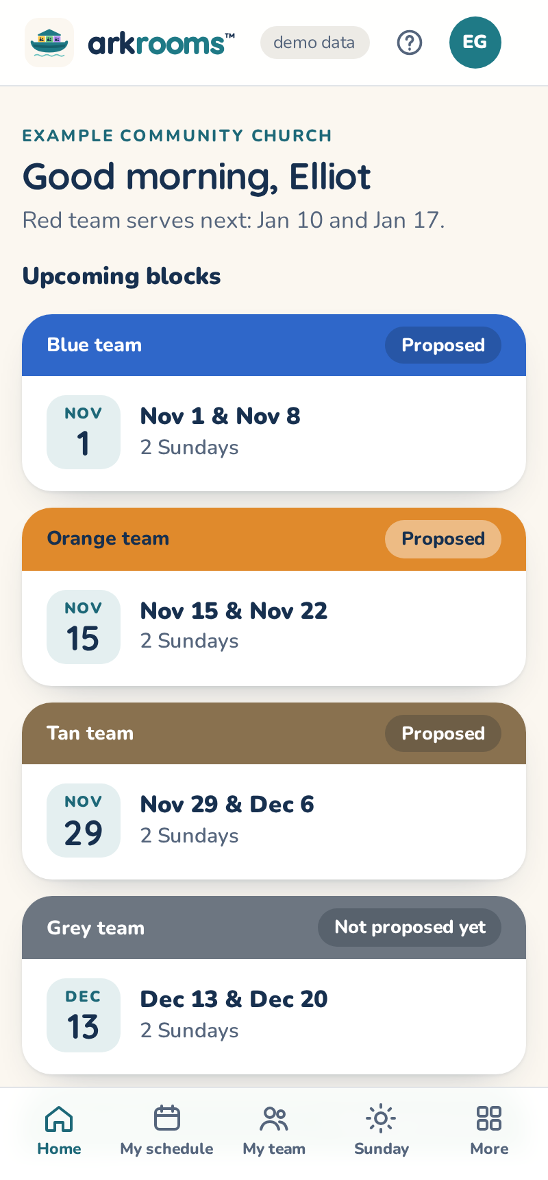 Upcoming blocks, one card per team