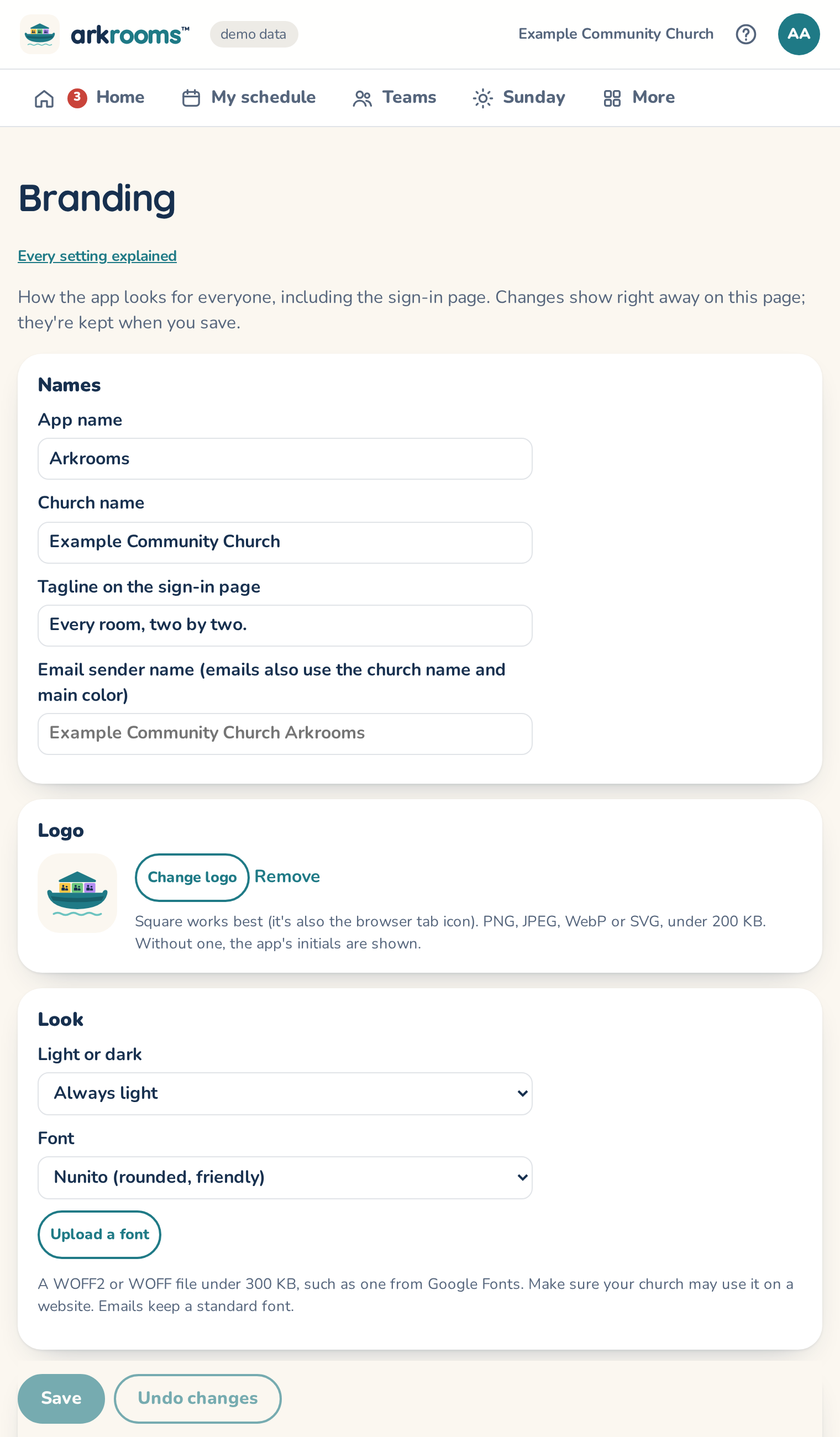 Branding page: names, logo, light or dark, and color pickers