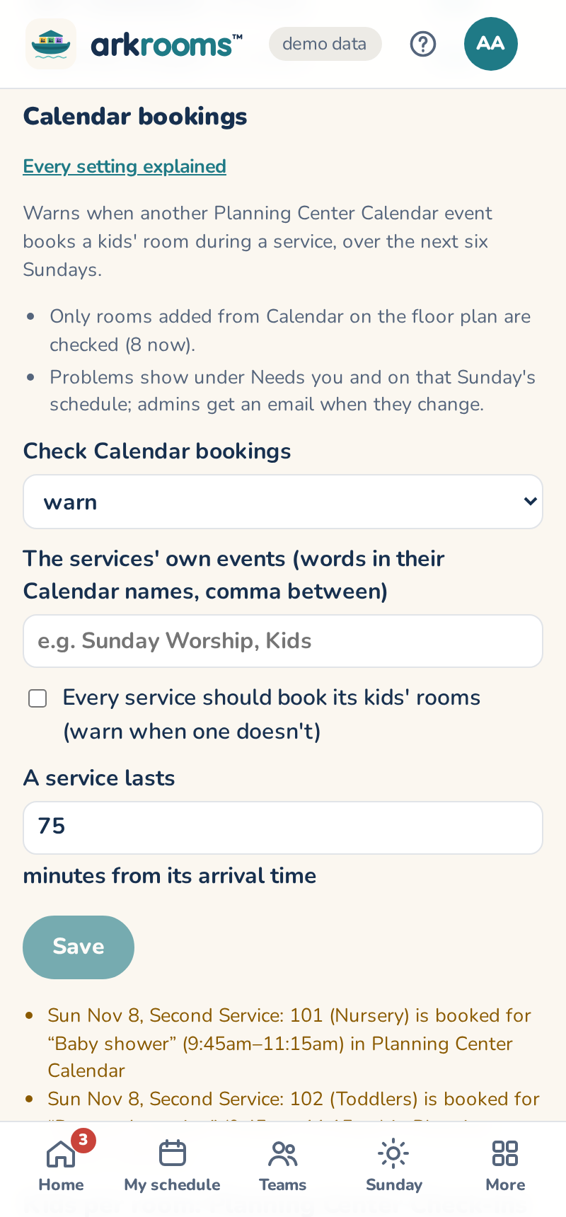 Calendar bookings: warn when another event books a kids' room during a service