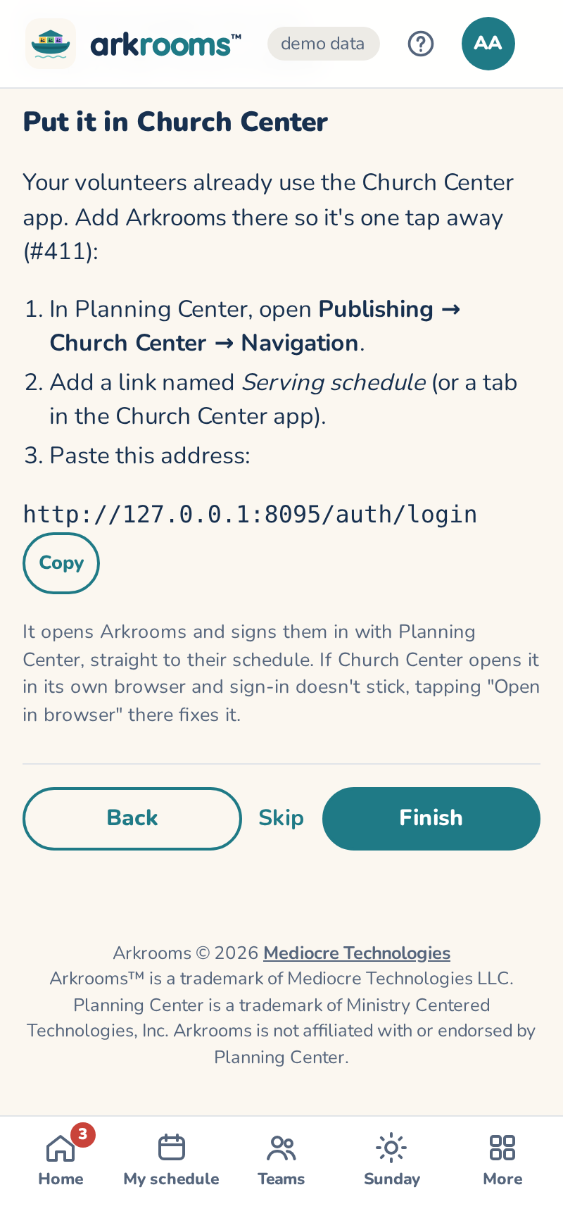 The setup guide's Church Center step, with the link to copy