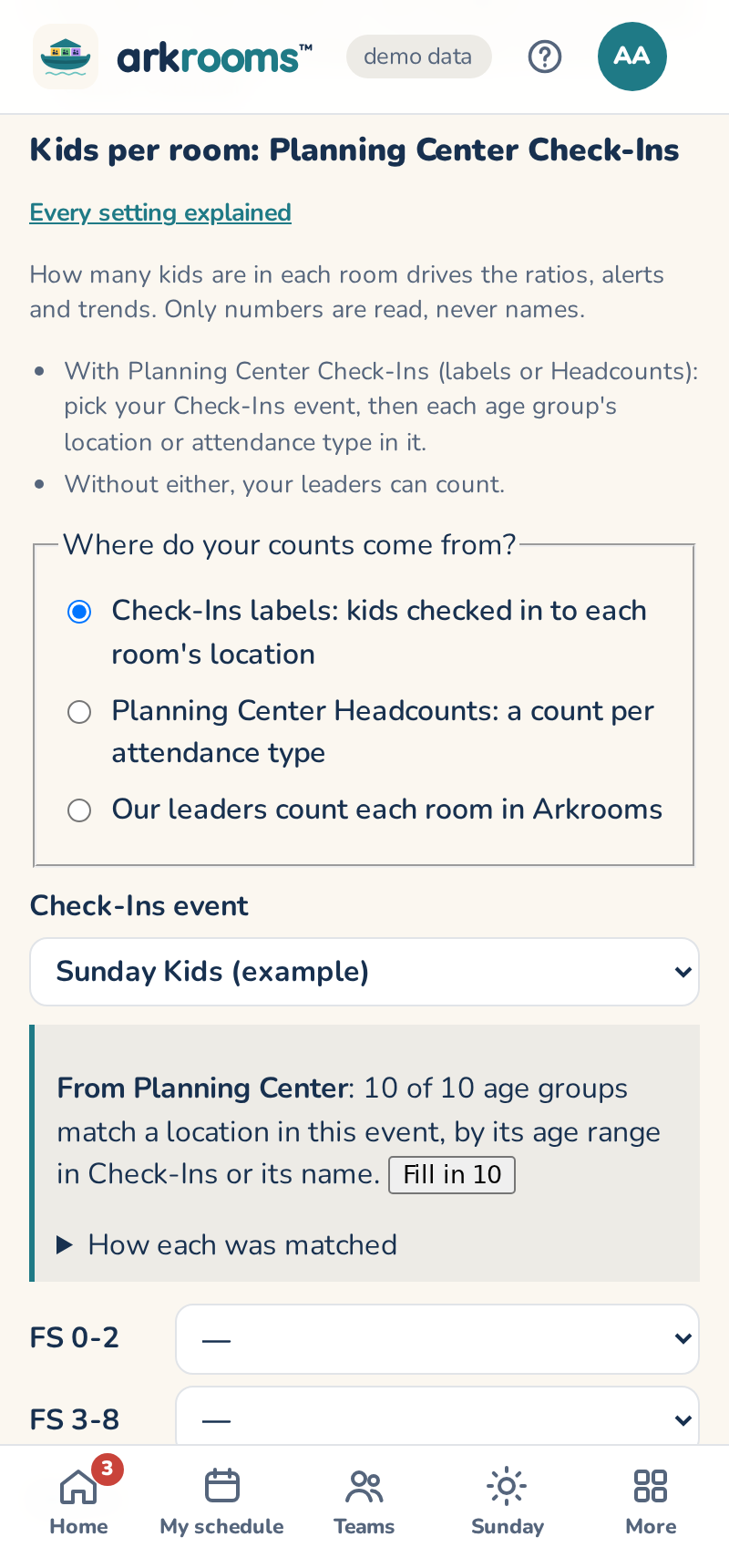 Kids per room: where the counts come from, and each age group's Check-Ins location