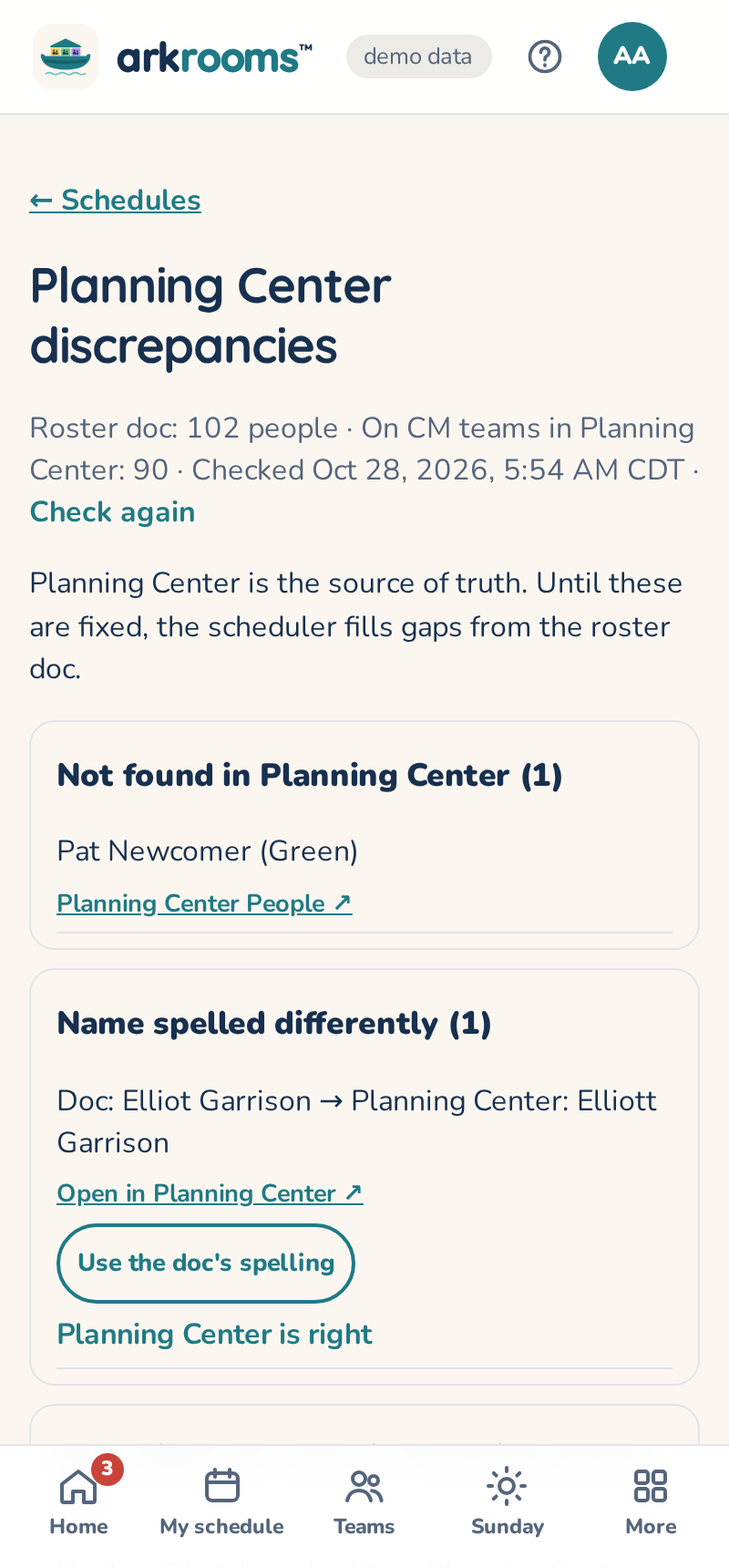 Planning Center discrepancies page