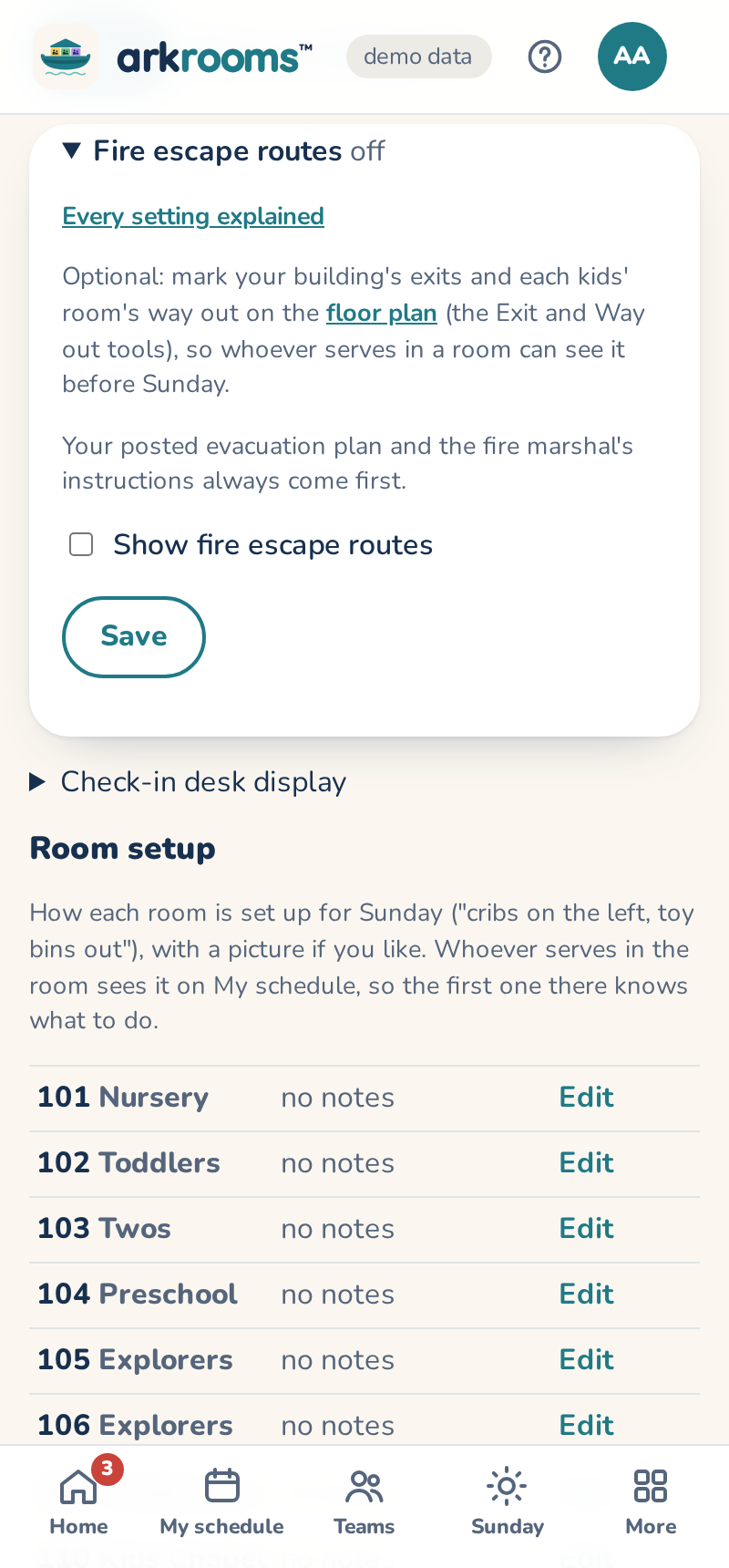 Rooms, Fire escape routes: turn them on, then draw them on the floor plan