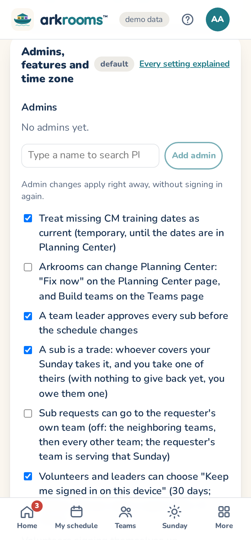 Settings, Admins, features and time zone: where a sub is a trade, and sign-ups