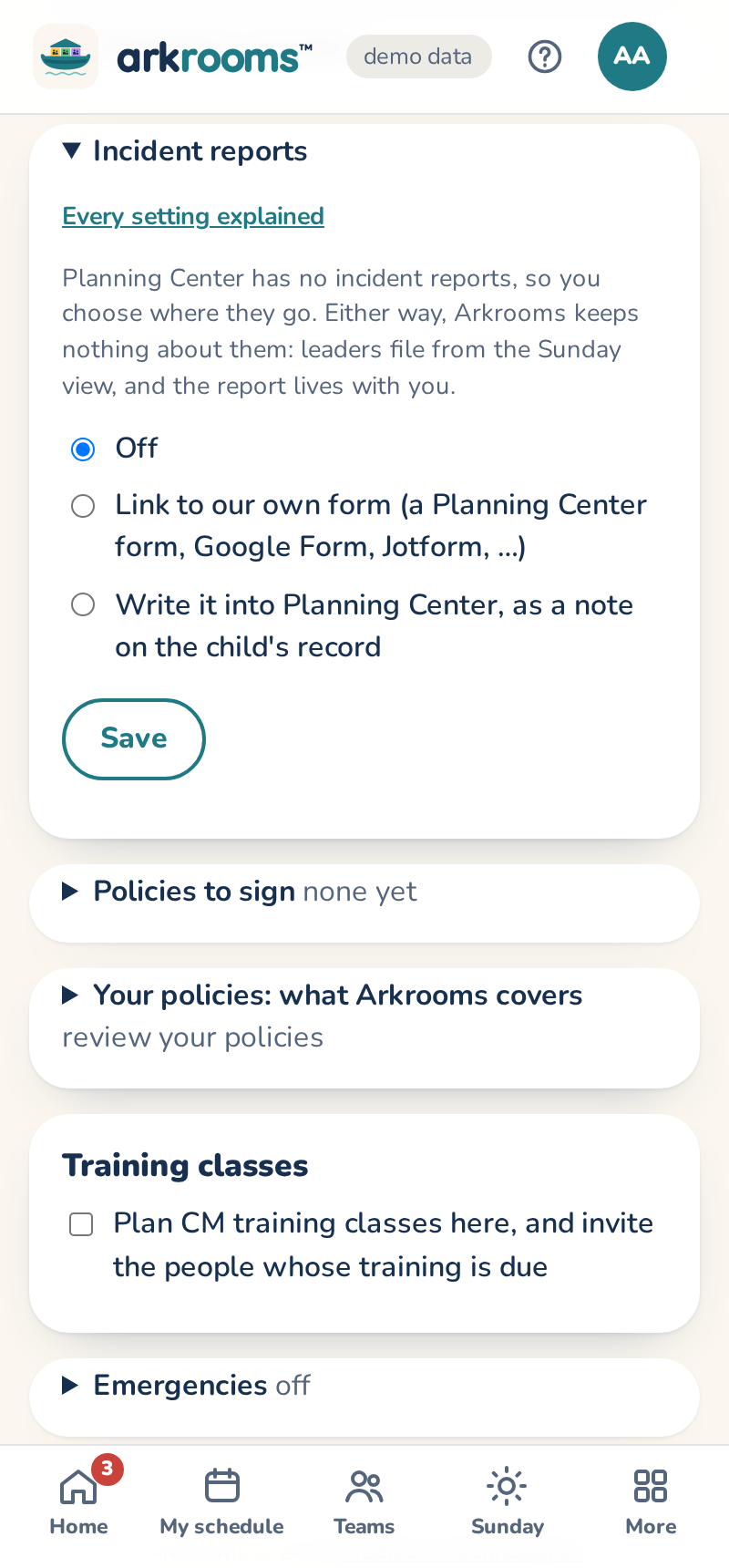 Settings, Incident reports: the church's form or Planning Center notes