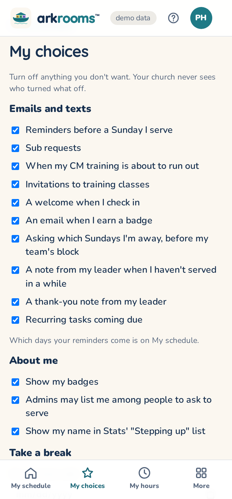 My choices: every optional email and text, and About me