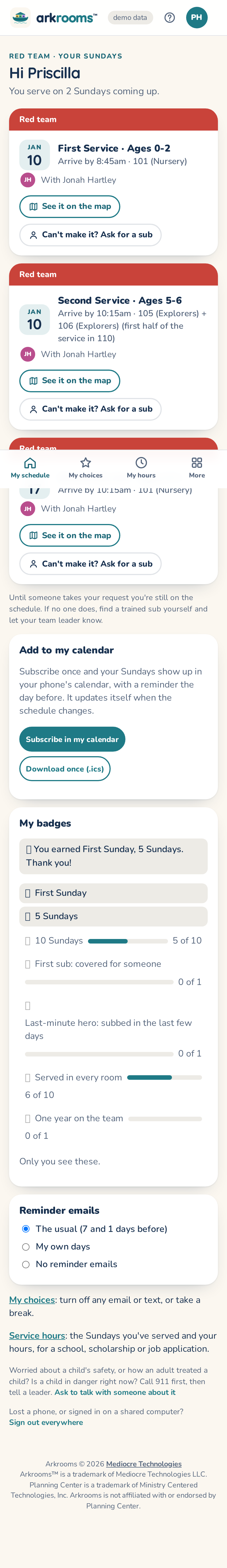 My schedule: each Sunday with service, age group, room, arrival time and partner
