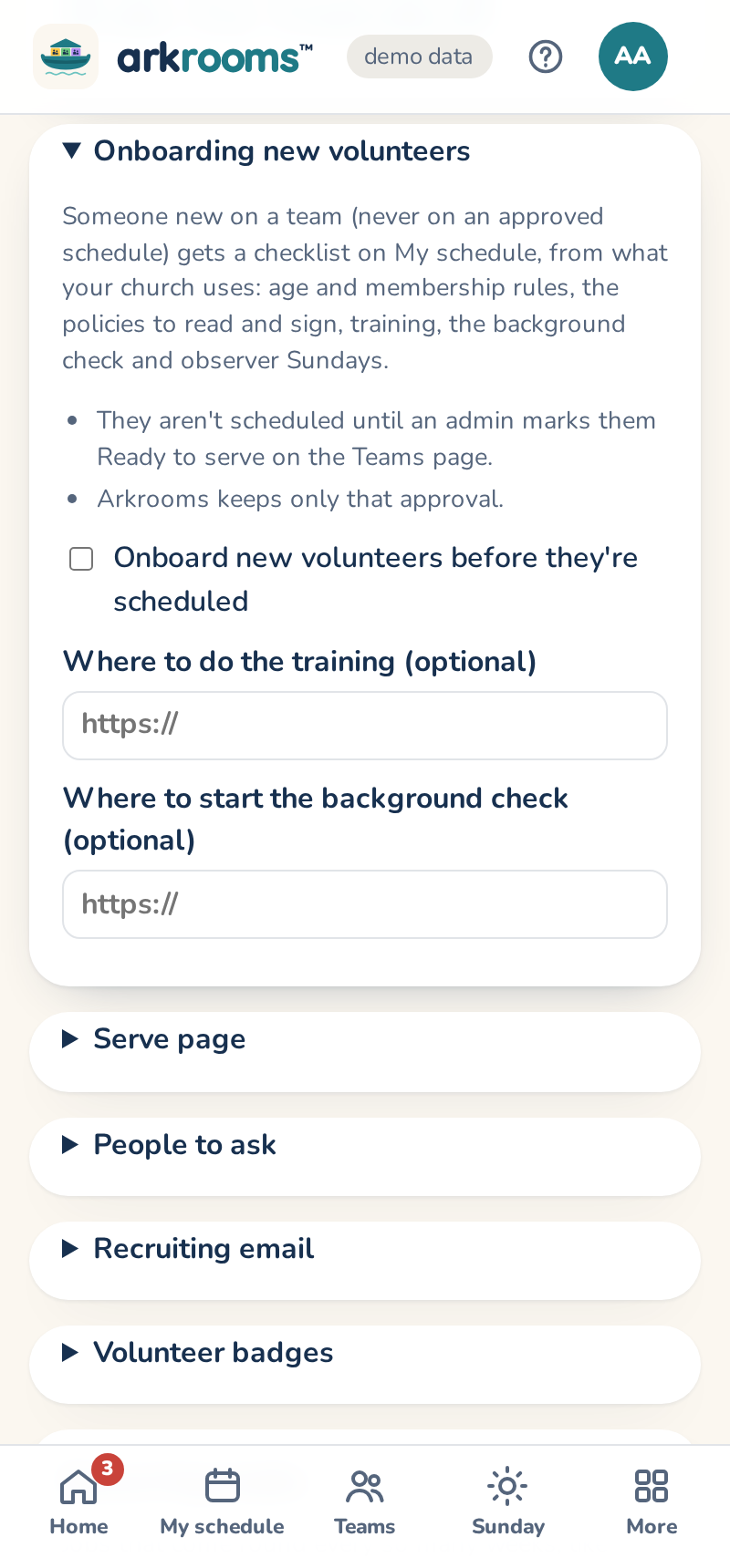 Settings, Onboarding new volunteers: the church's own steps before a first Sunday