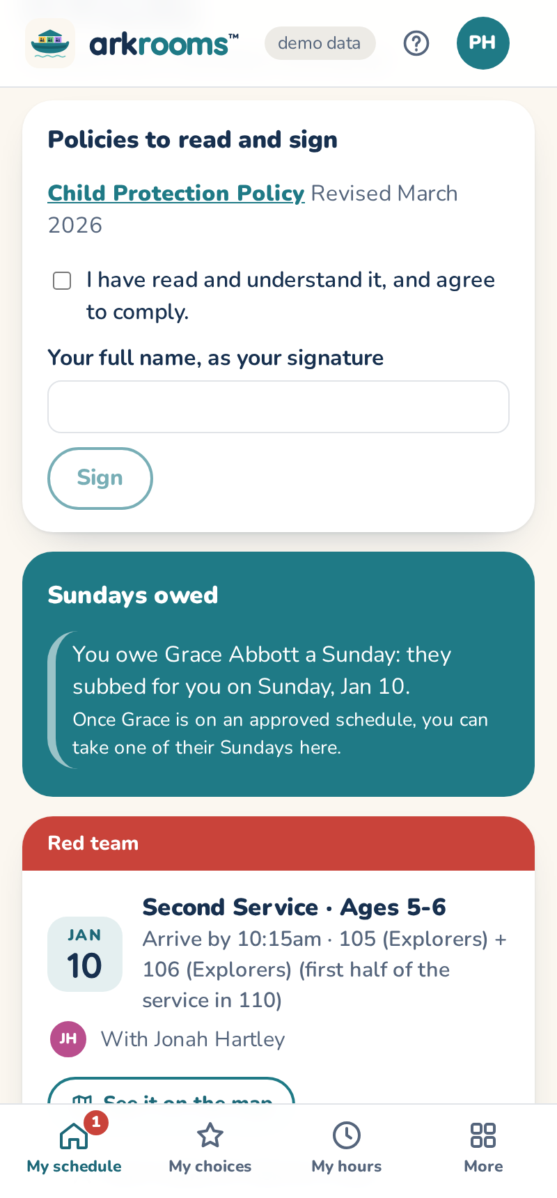 A policy to sign at the top of My schedule: open it, tick to agree, type your name, Sign