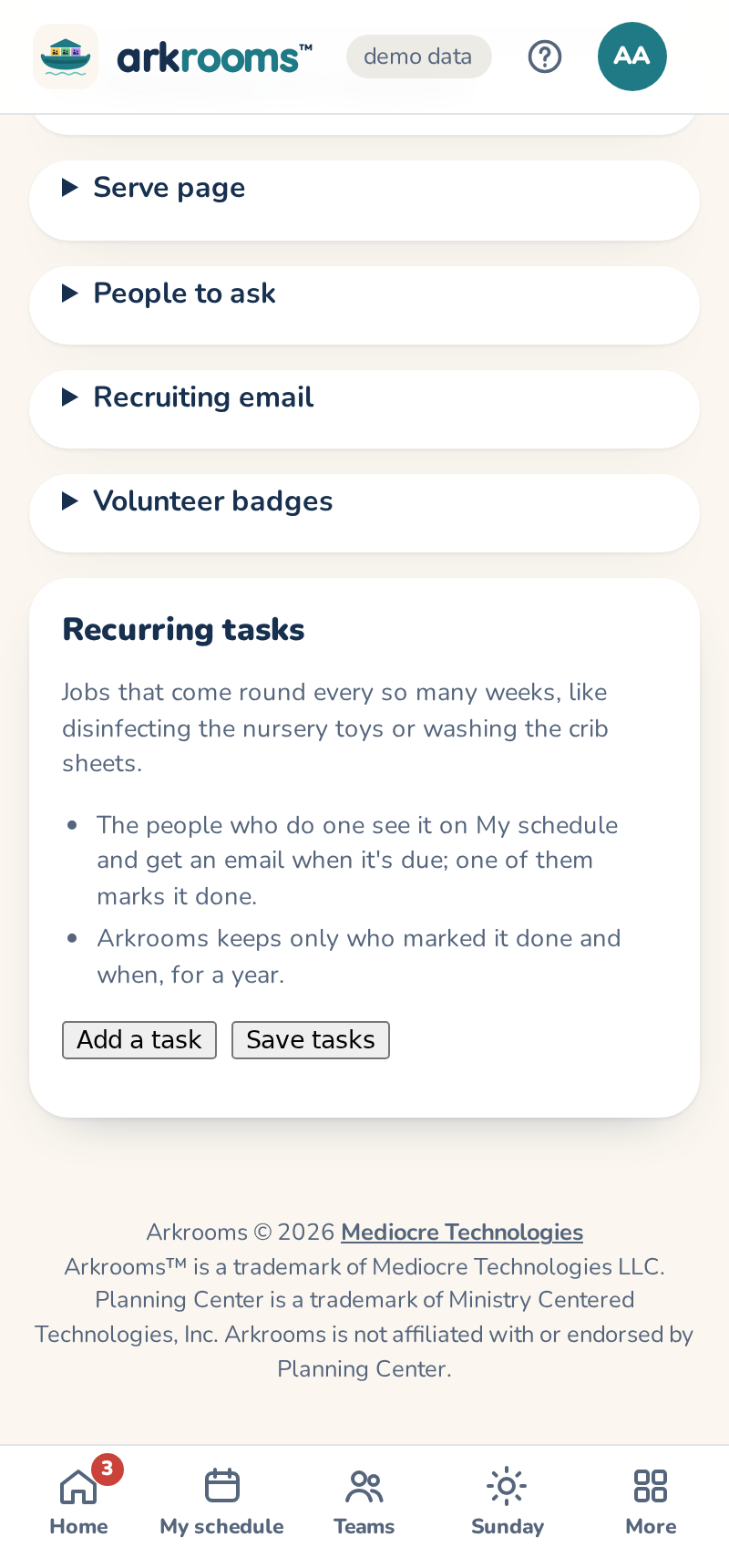 Settings, Recurring tasks: what to do, how many weeks apart, and who does it