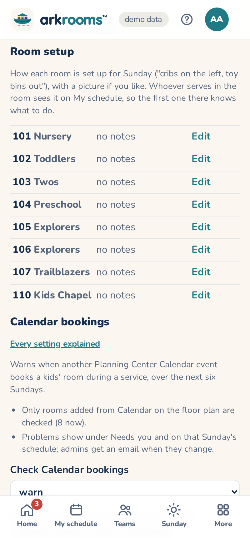 Room setup on the Rooms page: each kids' room's notes, with Edit