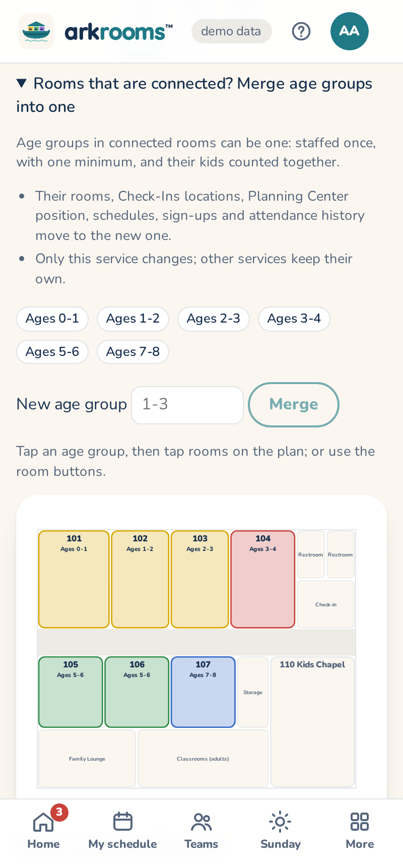 Merge age groups into one: tick them, name the new one, Merge