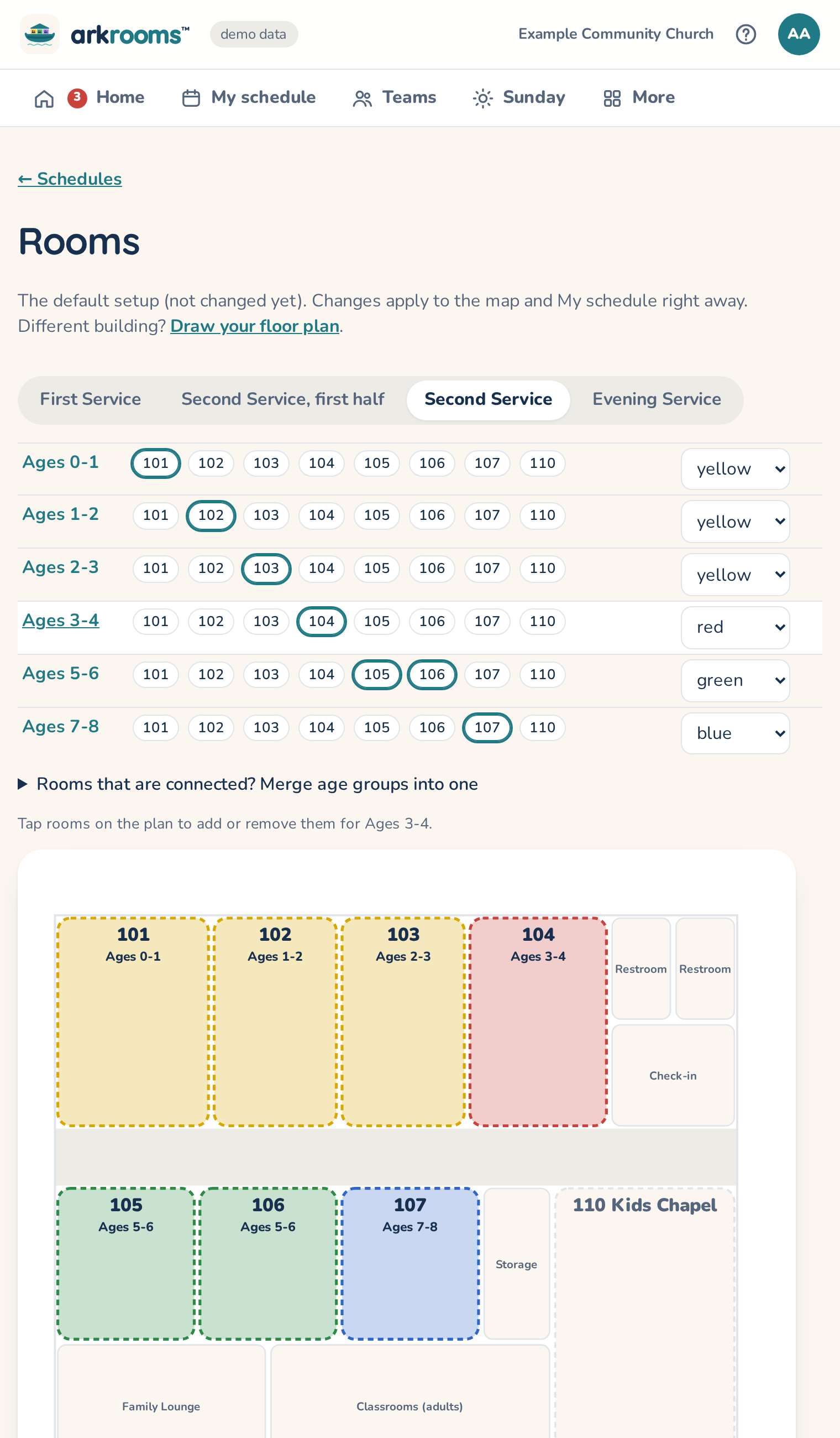 Rooms page: age groups with their rooms and colors, and the floor plan
