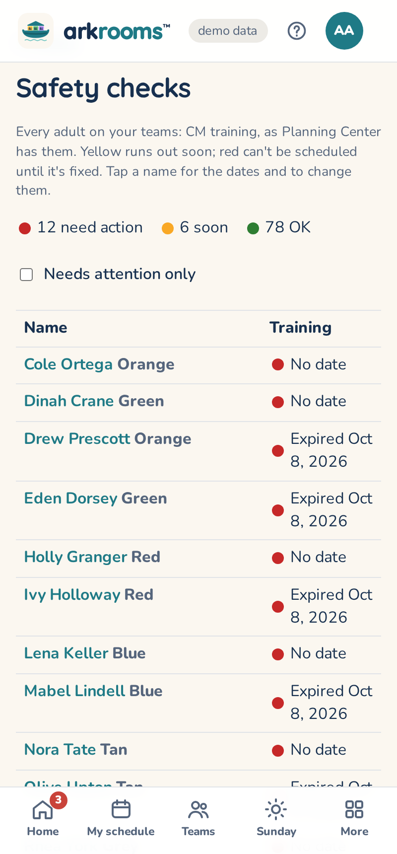 Safety checks: every adult's training and background check, red, yellow and green
