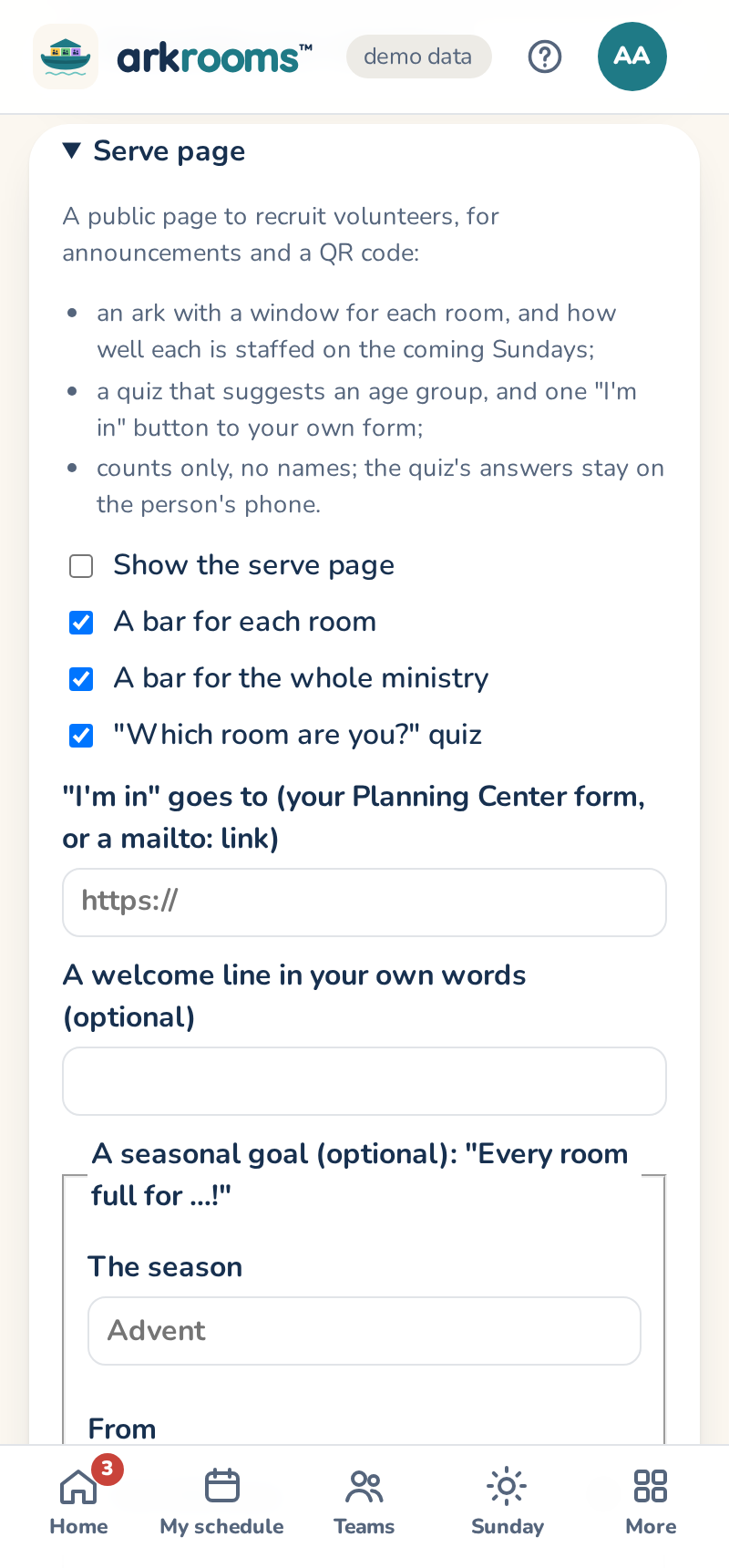 Settings, Serve page: the public page for announcements and a QR code