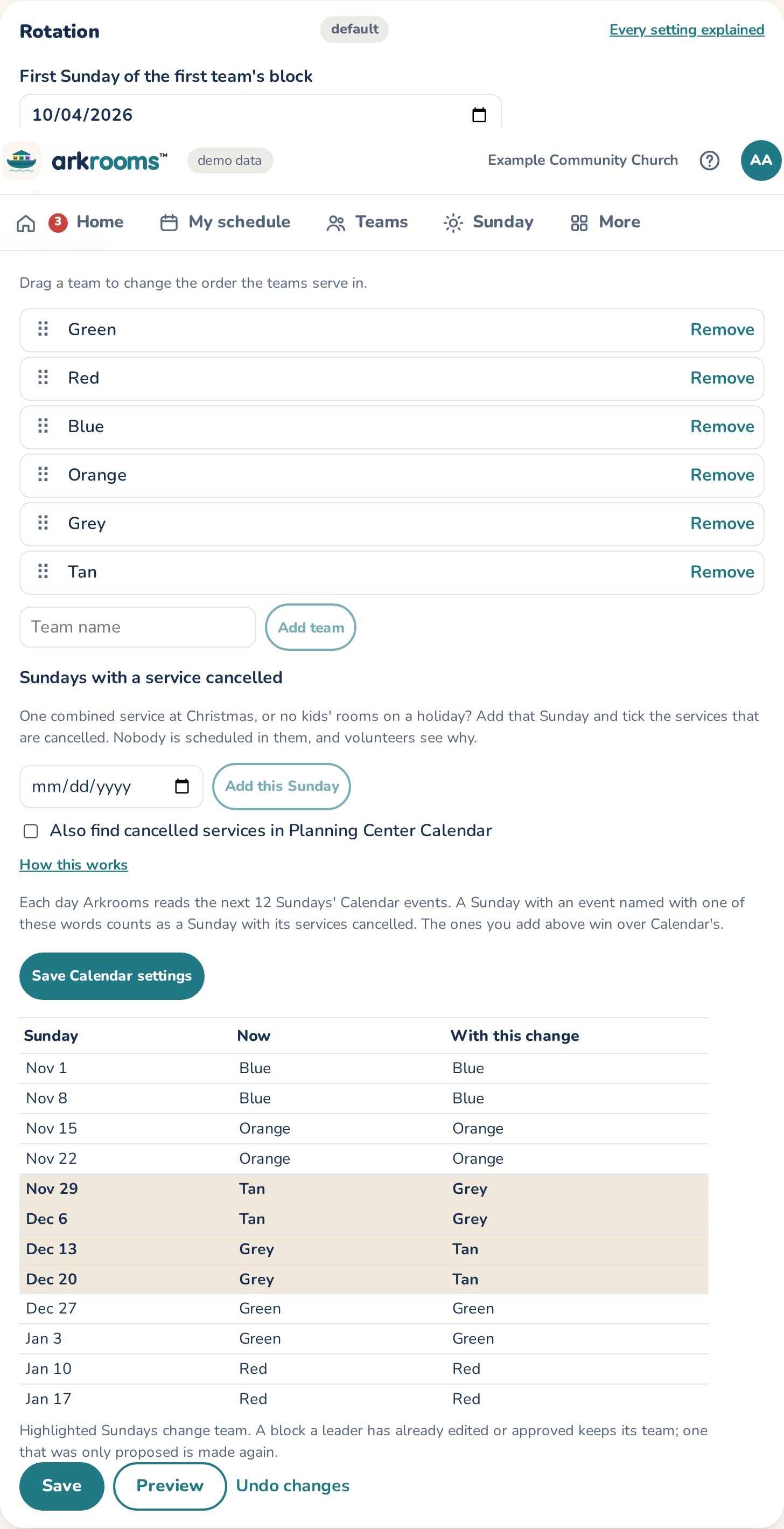 Settings: the rotation section with a preview of which blocks change team
