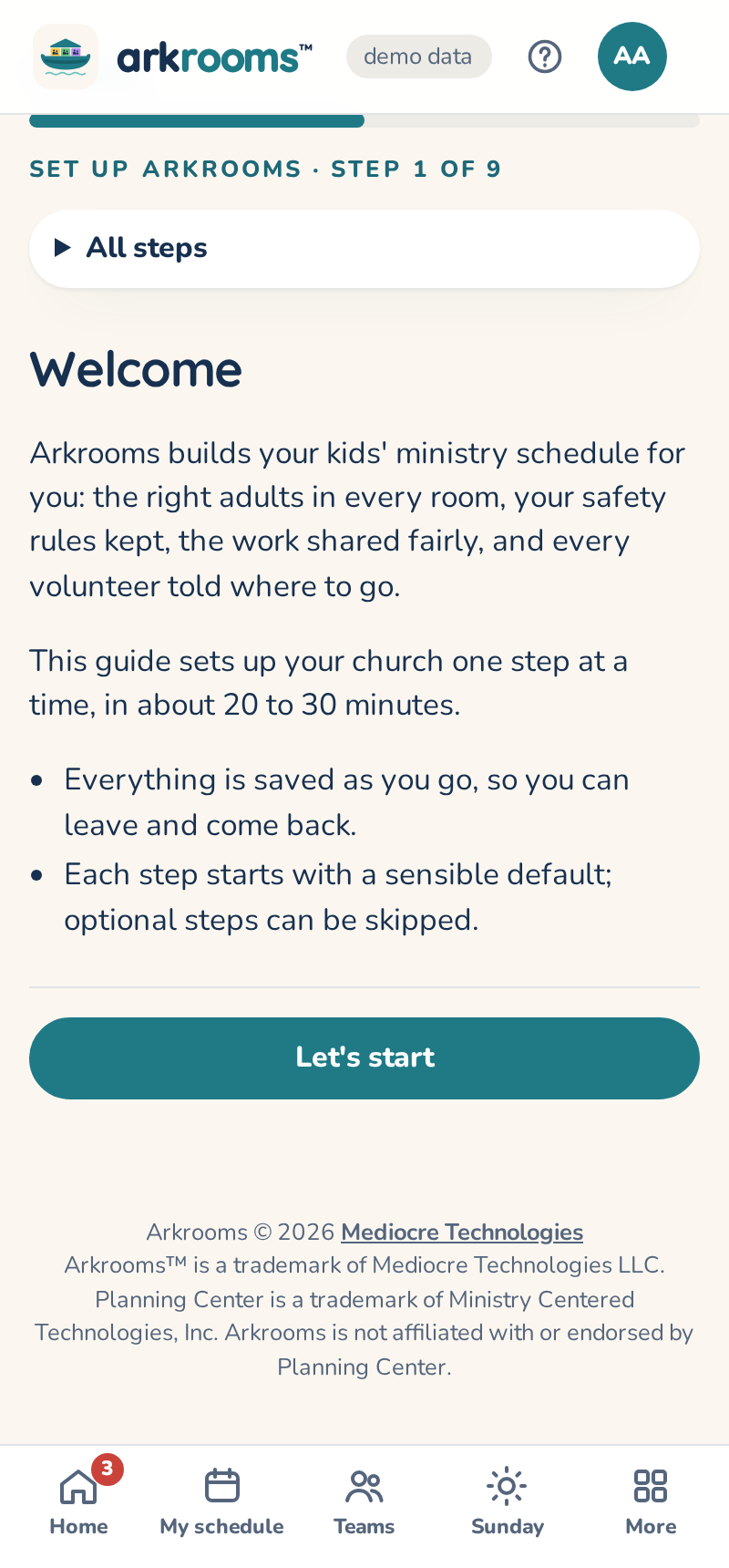 The setup guide's first step, with every step listed