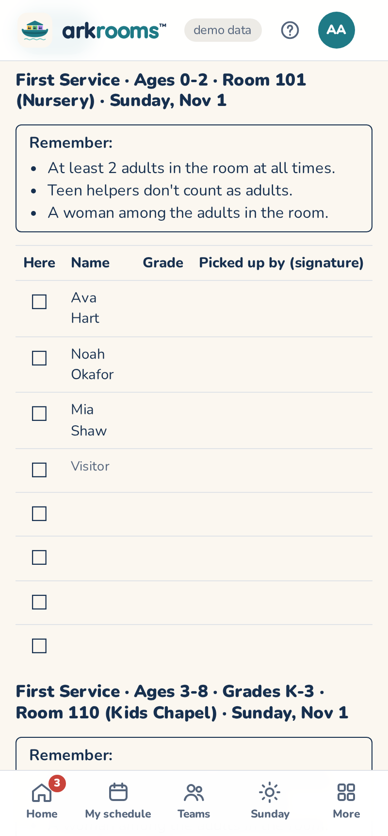 A room's sign-in sheet: its grades, room number and rules, then each regular child with a box to tick and a line to sign