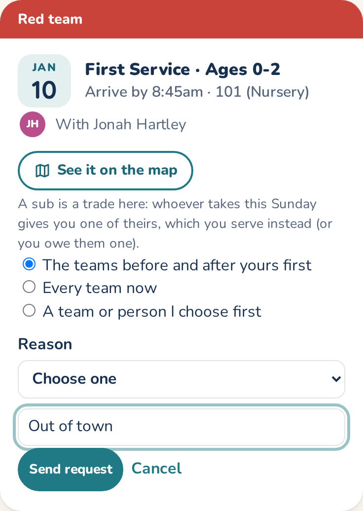 Asking for a sub: who to ask first, a note, Send request