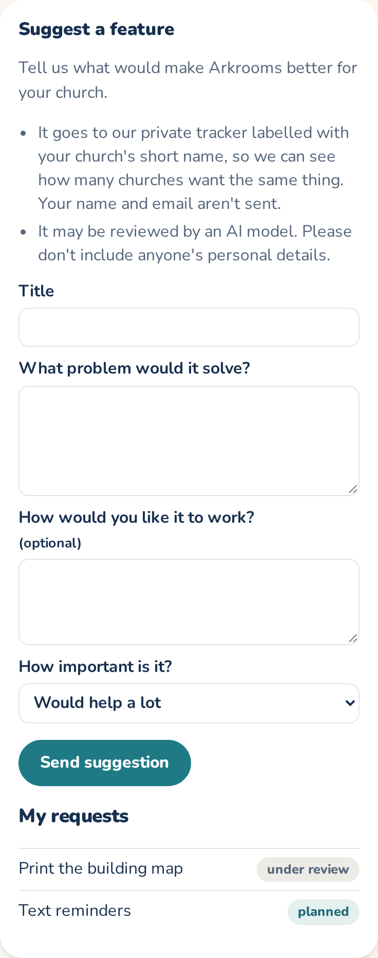 The Suggest a feature form, with two earlier requests and their status