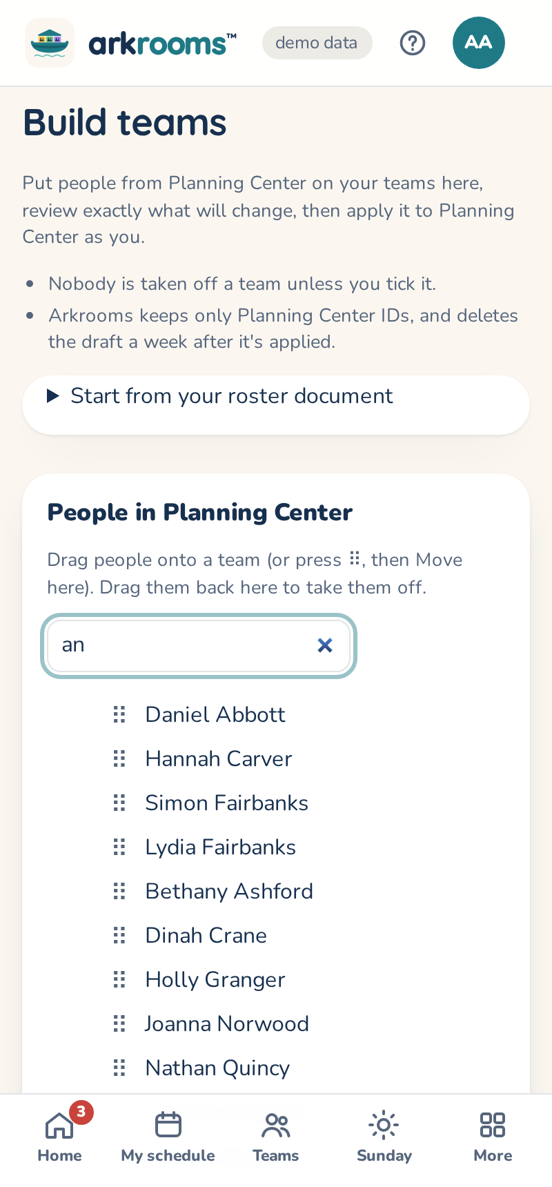 Build teams: people from Planning Center to drag onto teams