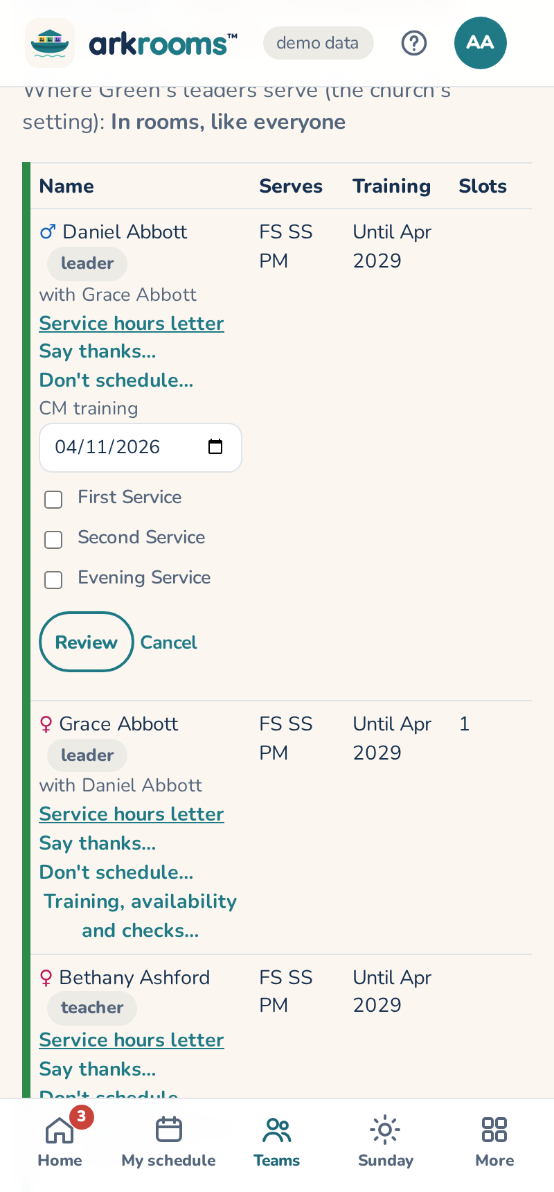 Training, availability and checks on Teams: the CM training date and services, then Review