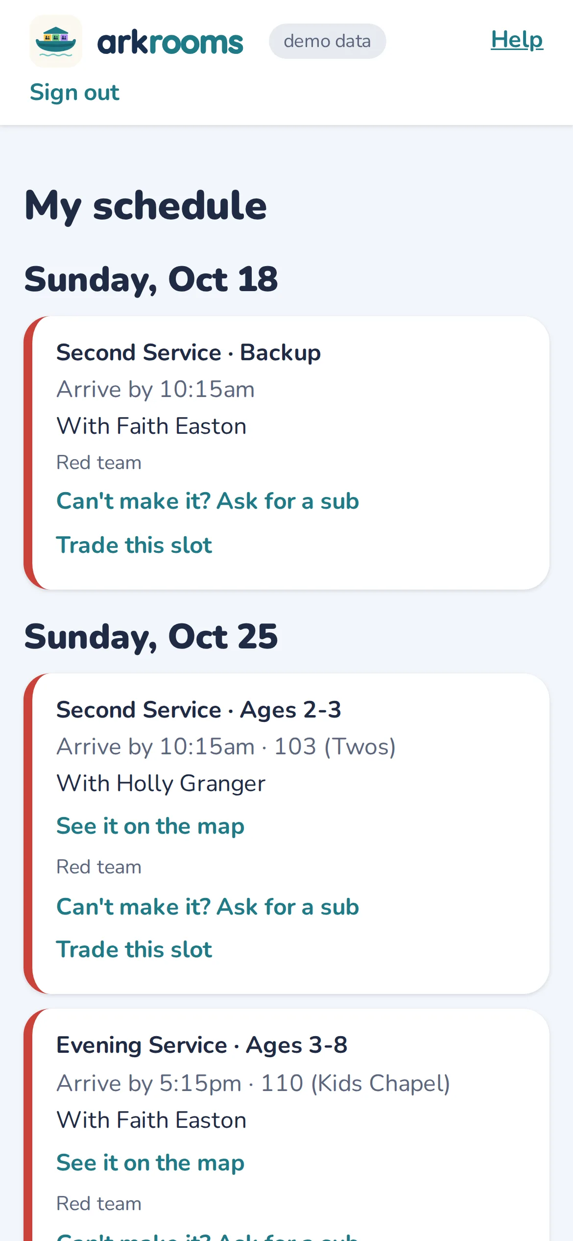A volunteer's My schedule on a phone: the next Sunday's room, time and partner