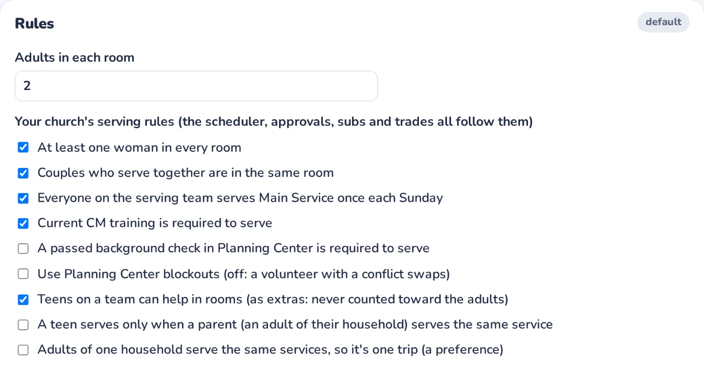 Settings → Rules: a woman in every room, couples together, current training and a background check