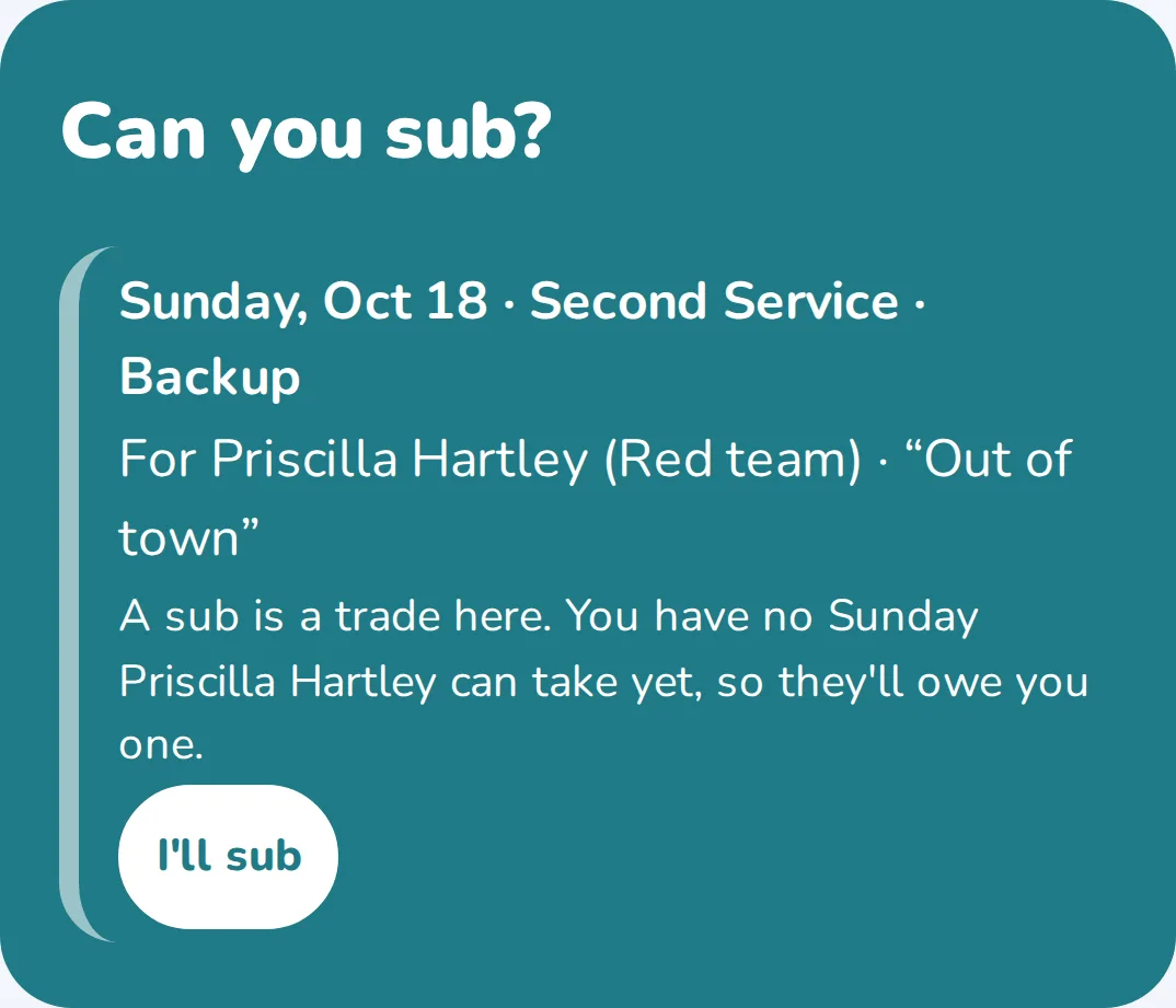 A sub request a volunteer can take, with an I'll sub button