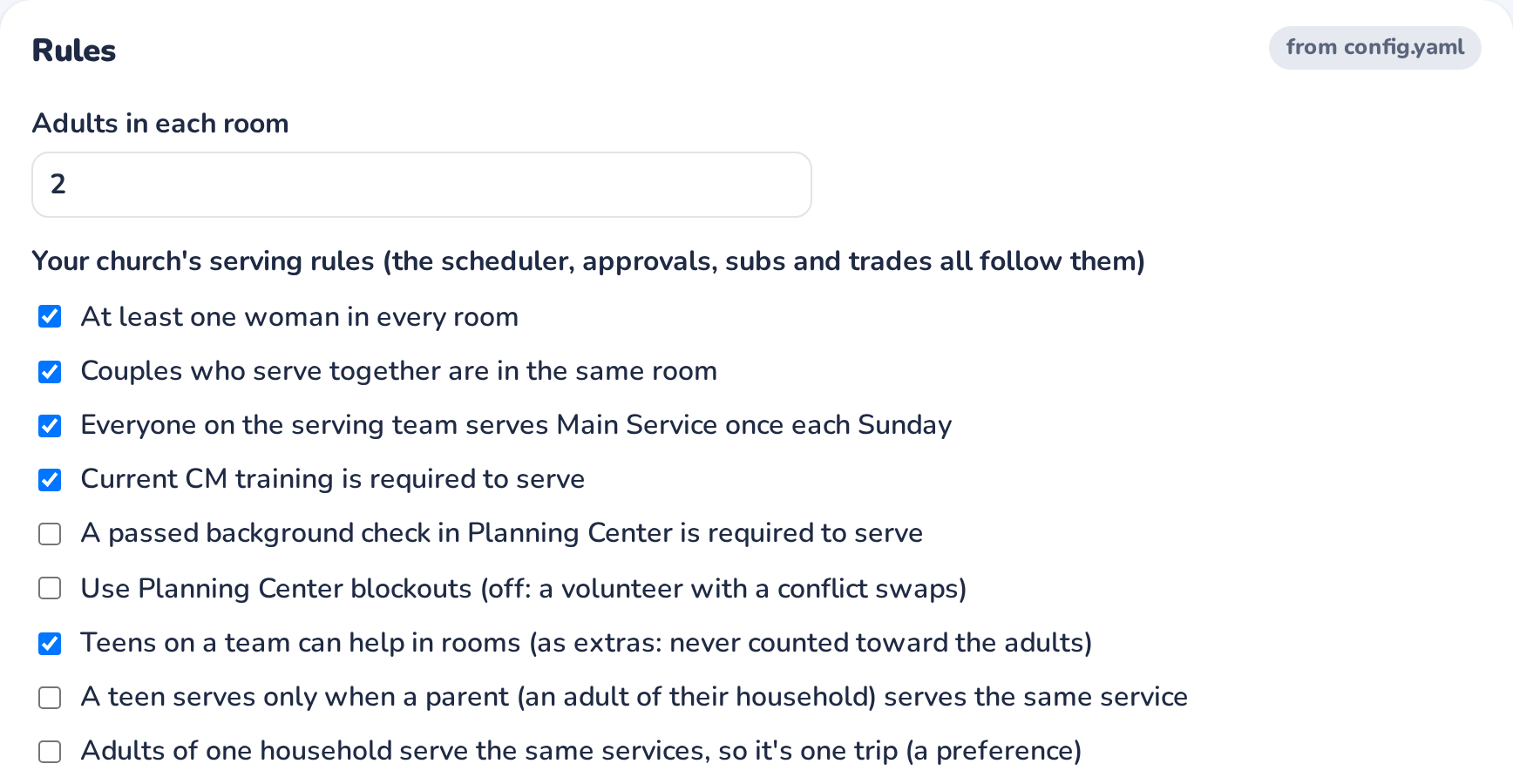 Settings → Rules: a woman in every room, couples together, current training, a background check, teens as extras